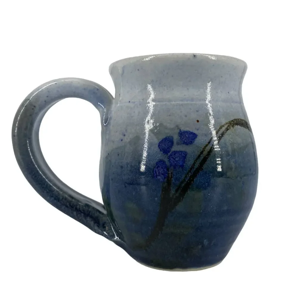 Pottery Mug Blue Signed Rustic Floral Design Coffee Tea Cup Ombre Studio Art